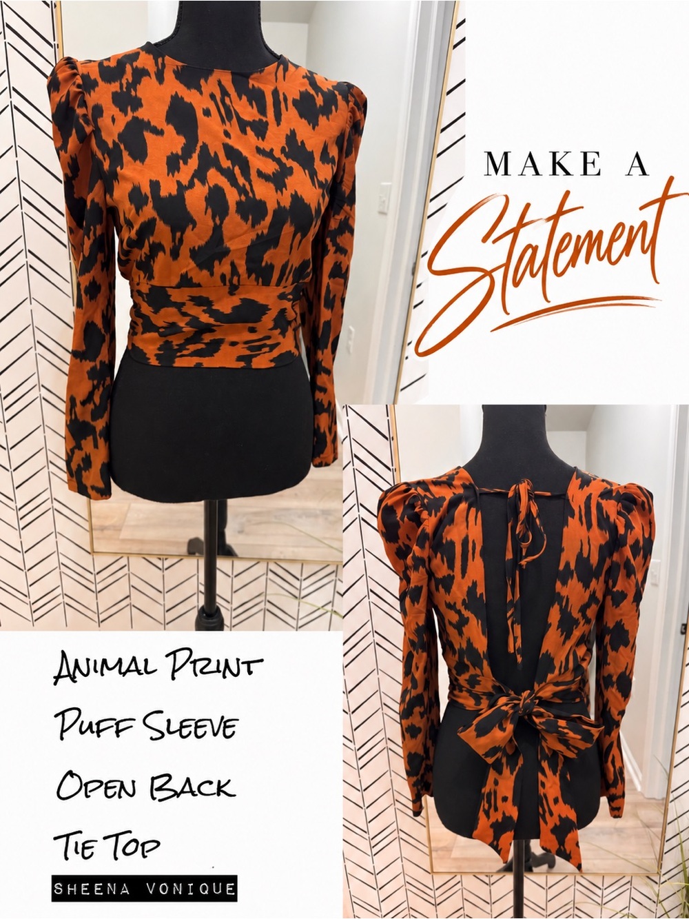 Orange/Black Animal Print Puff Sleeve Open Back Tie Top